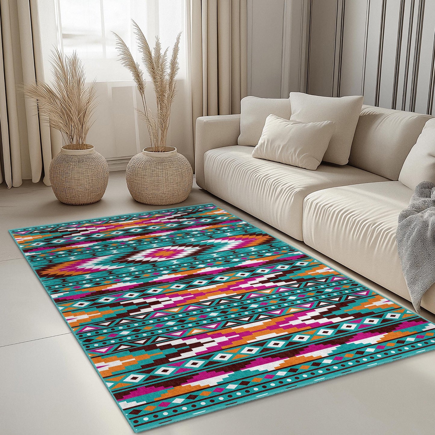 Colorful Geometric Patterned Rectangular Washable Area Rug | Bohemian Chic Home Decor | Vibrant Living Room Carpet | Stylish Tribal Design