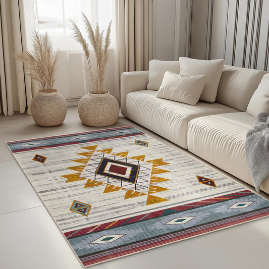 Geometric Patterned Rectangle Rug | Tribal Design Carpet for Living Room | Soft Cotton Area Mat | Stylish Home Decor