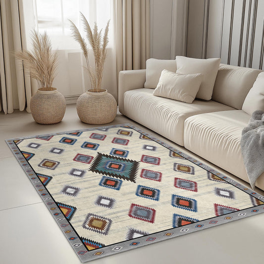 Geometric Diamond Pattern Rectangular Area Rug | Colorful Bohemian Carpet for Living Room | Soft Washable Floor Mat