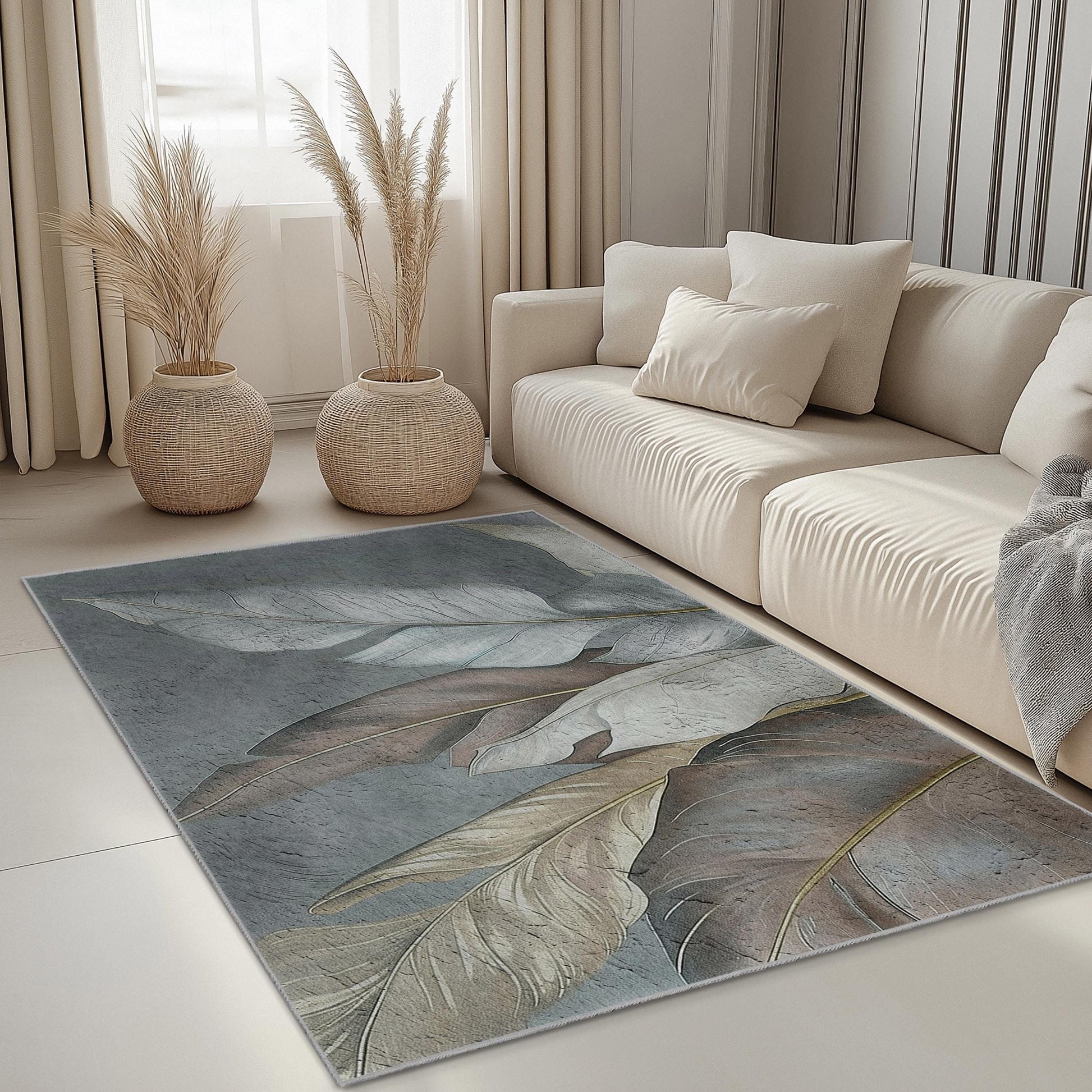 Leaf Print Cotton Rug: Modern Indoor Area Carpet