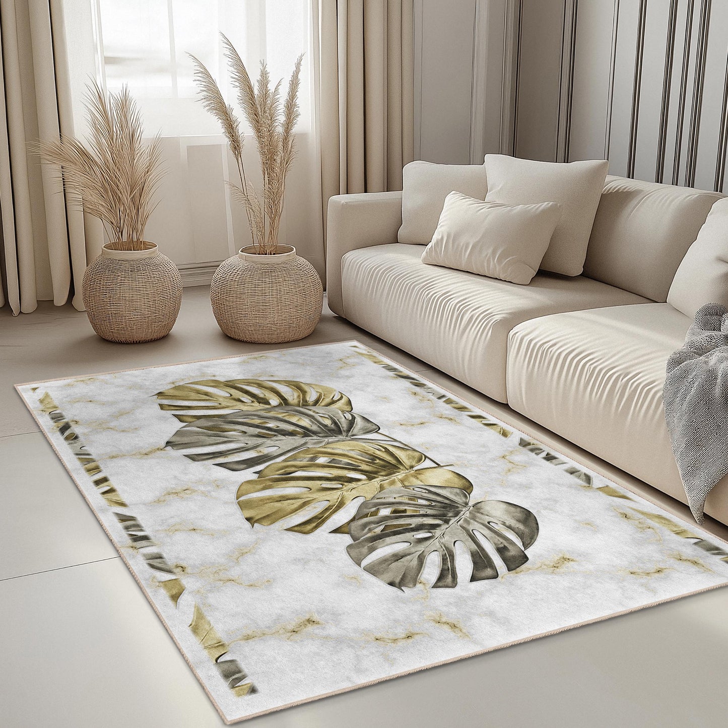 Elegant Monstera Leaves Rectangular Rug | Marble Pattern Carpet for Living Room | Luxurious Home Decor | Stylish Botanical Area Mat