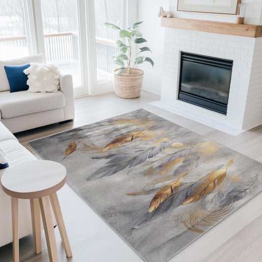 Elegant Feather Design Rectangular Area Rug | Modern Gold and Gray Home Decor | Stylish Living Room Carpet | Soft Washable Floor Mat
