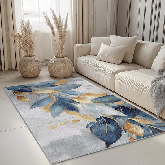 Modern Abstract Area Carpet | Elegant Blue and Gold Leaf Design Rectangle Rug | Soft and Washable Home Decor