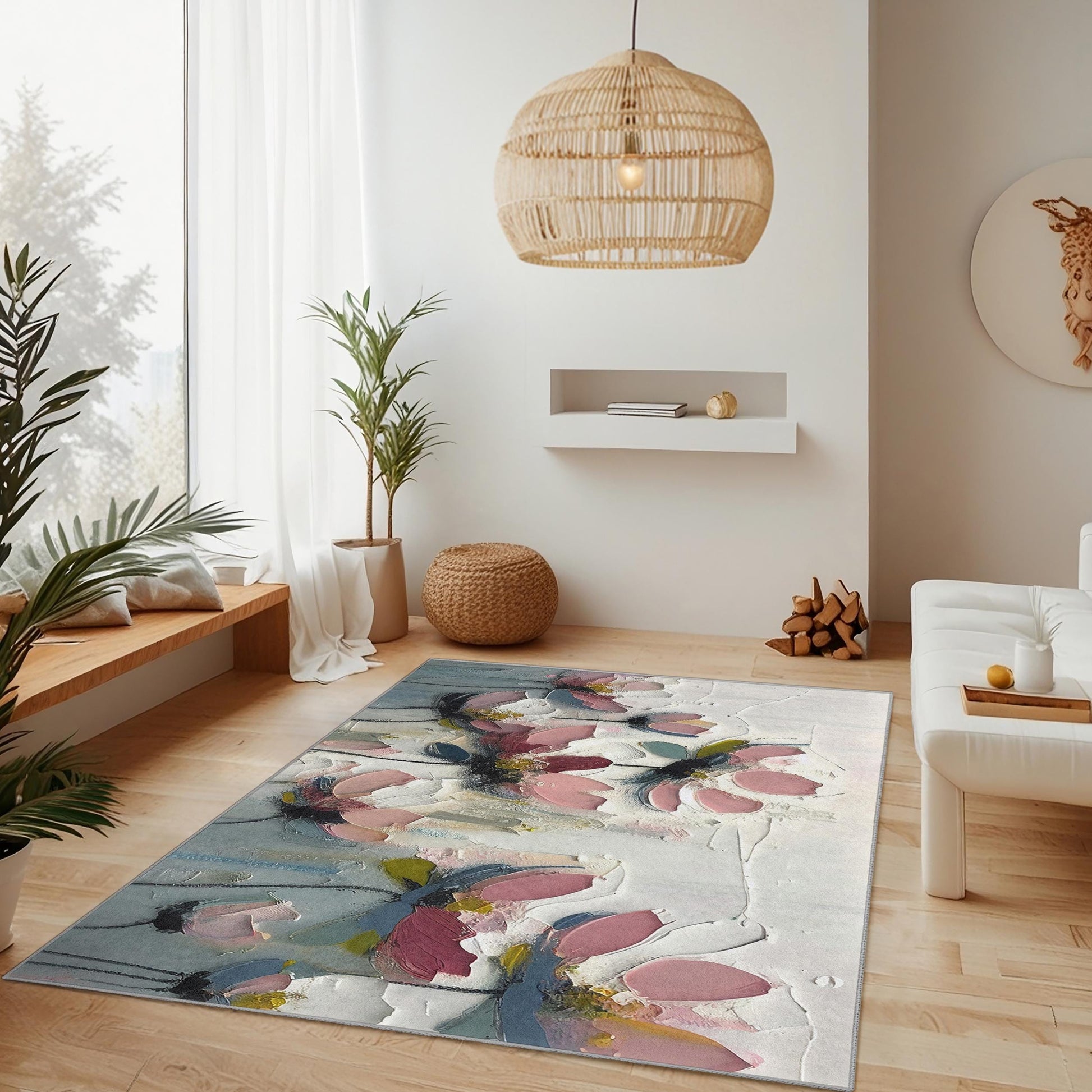 Vibrant Flower Design Carpet | Floral Impressionist Rectangular Area Rug | Soft Cotton Home Decor | Elegant Indoor Mat