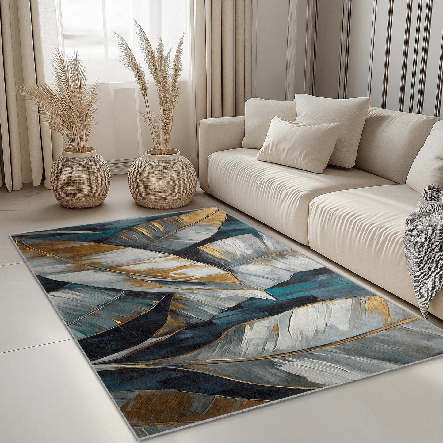 Gold Leaf Design Rectangular Area Rug | Elegant Monochrome Leaf Carpet | Modern Home Decor | Stylish Living Room Mat