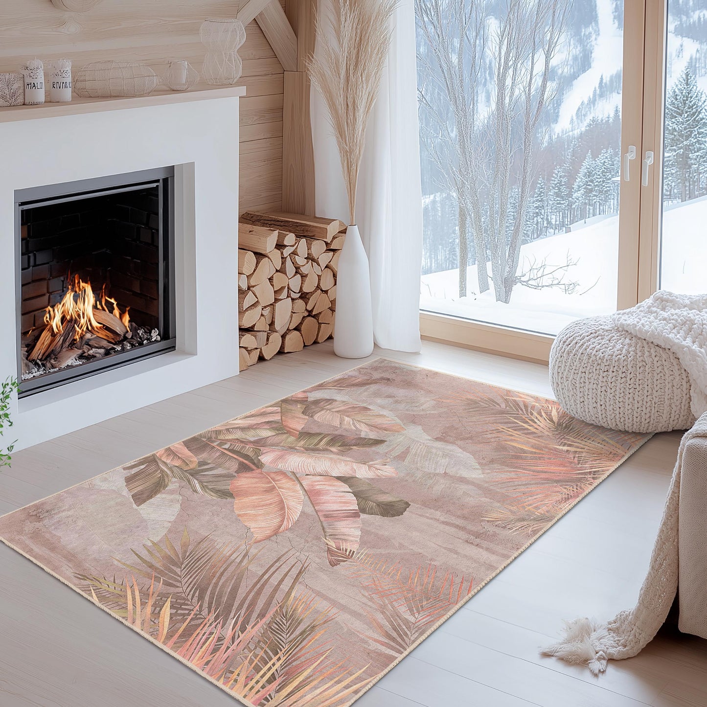 Tropical Leaves Pattern Rectangular Rug | Soft Cotton Area Carpet | Elegant Living Room Decor | Beautiful Botanical Floor Mat