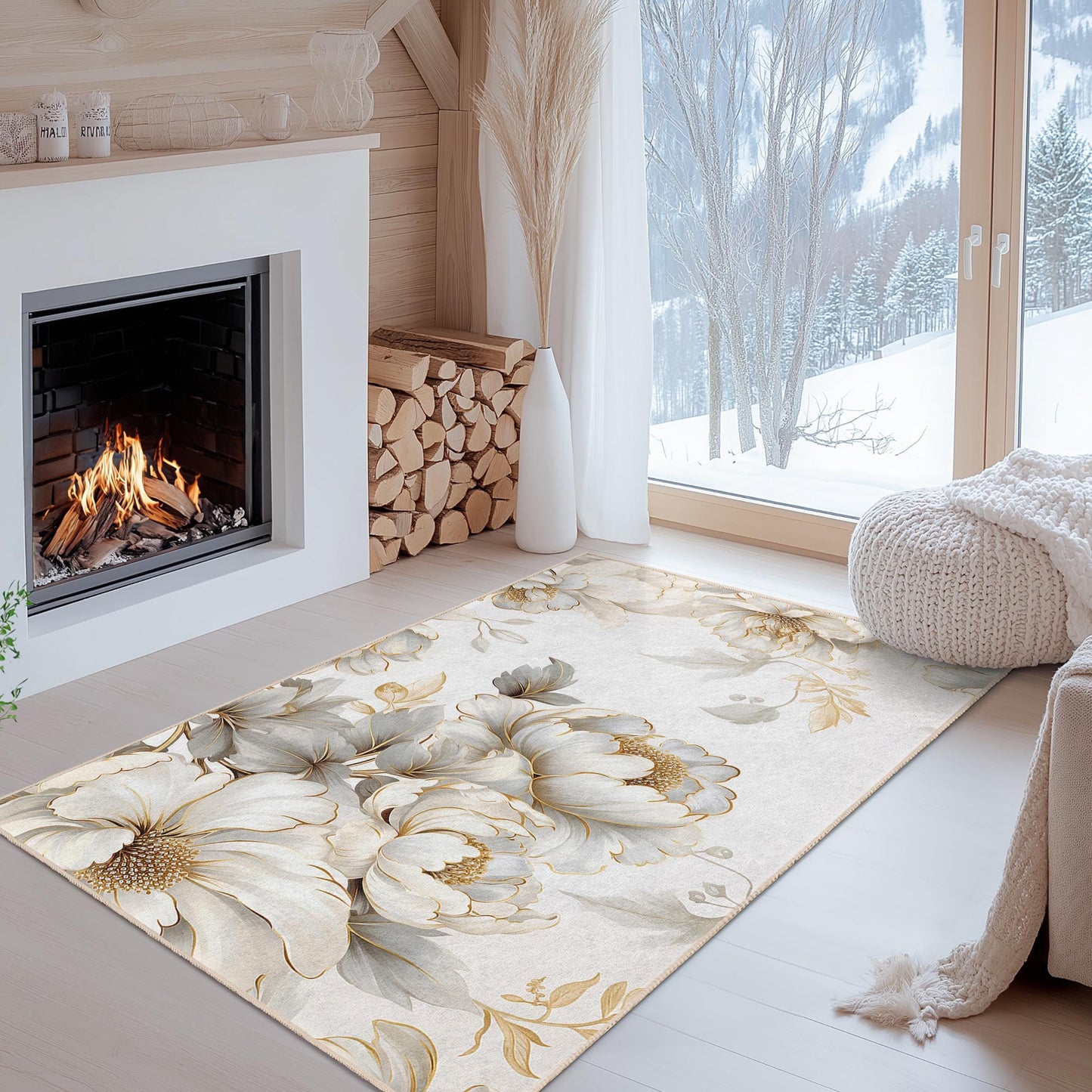 Elegant Floral Design Rectangular Area Rug | Soft Cotton Carpet for Living Room | Luxurious Home Decor | Machine Washable Rug