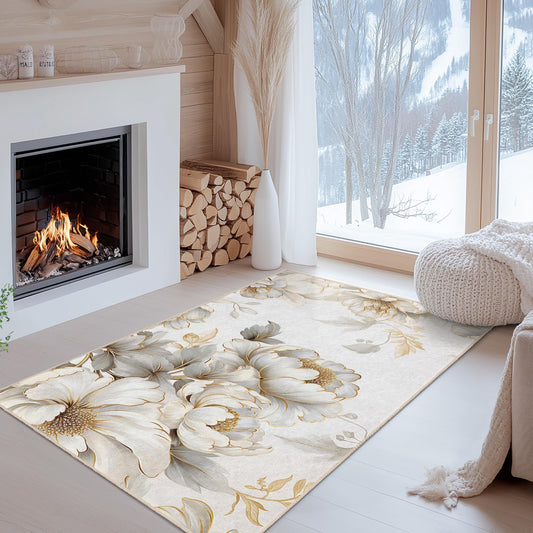 Elegant Floral Design Rectangular Area Rug | Soft Cotton Carpet for Living Room | Luxurious Home Decor | Machine Washable Rug