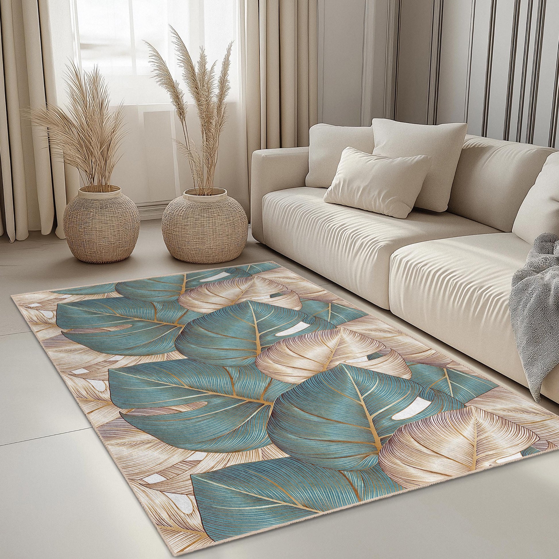 Tropical Inspired Living Room Carpet | Elegant Leaf Pattern Rectangular Area Rug | Soft Decorative Floor Mat
