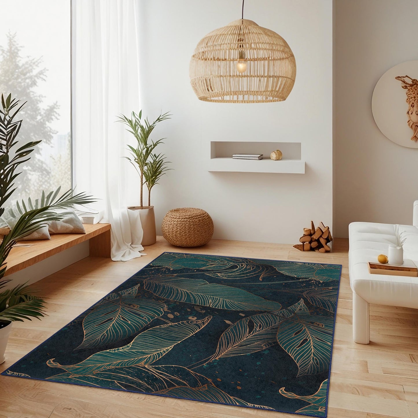 Elegant Leaf Pattern Rectangular Area Rug | Modern Living Room Decor | Soft Cotton Carpet for Home | Stylish Indoor Rug