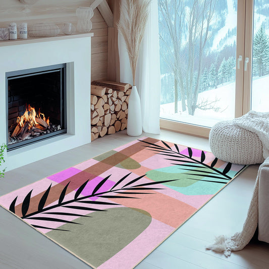 Abstract Palm Leaf Design Rectangular Area Rug | Modern Home Decor Carpet | Chic Living Room Floor Mat | Stylish Decorative Rug