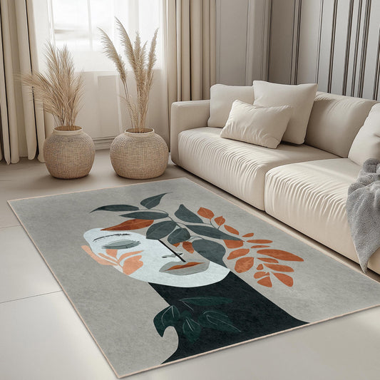 Colorful Leaf Pattern Decorative Rectangle Rug | Easy Clean Living Room Carpet | Modern Home Decor | Stylish Area Rug