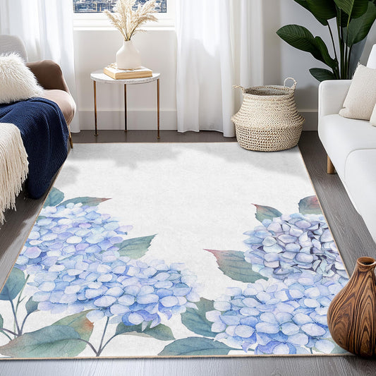 Elegant Blue Hydrangea Rectangular Area Rug, Floral Design Living Room Carpet, Home Decor Rug, Bedroom Accent Rug