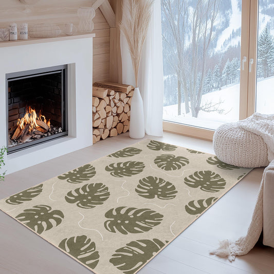 Leaf Pattern Modern Rectangle Rug, Botanical Decor, Indoor Area Rug, Living Room Carpet, Nature Inspired Design, Green Leaf Rug