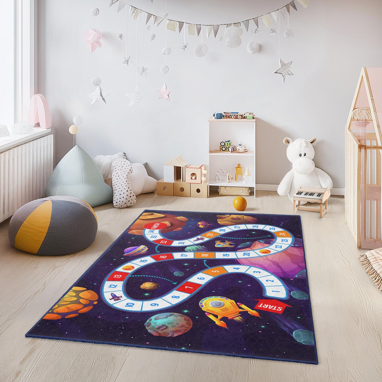 Outer Space Adventure Kids Play Rug, Space Themed Rectangle Rug, Playroom Carpet for Children, Cosmic Game Mat, Nursery Decor