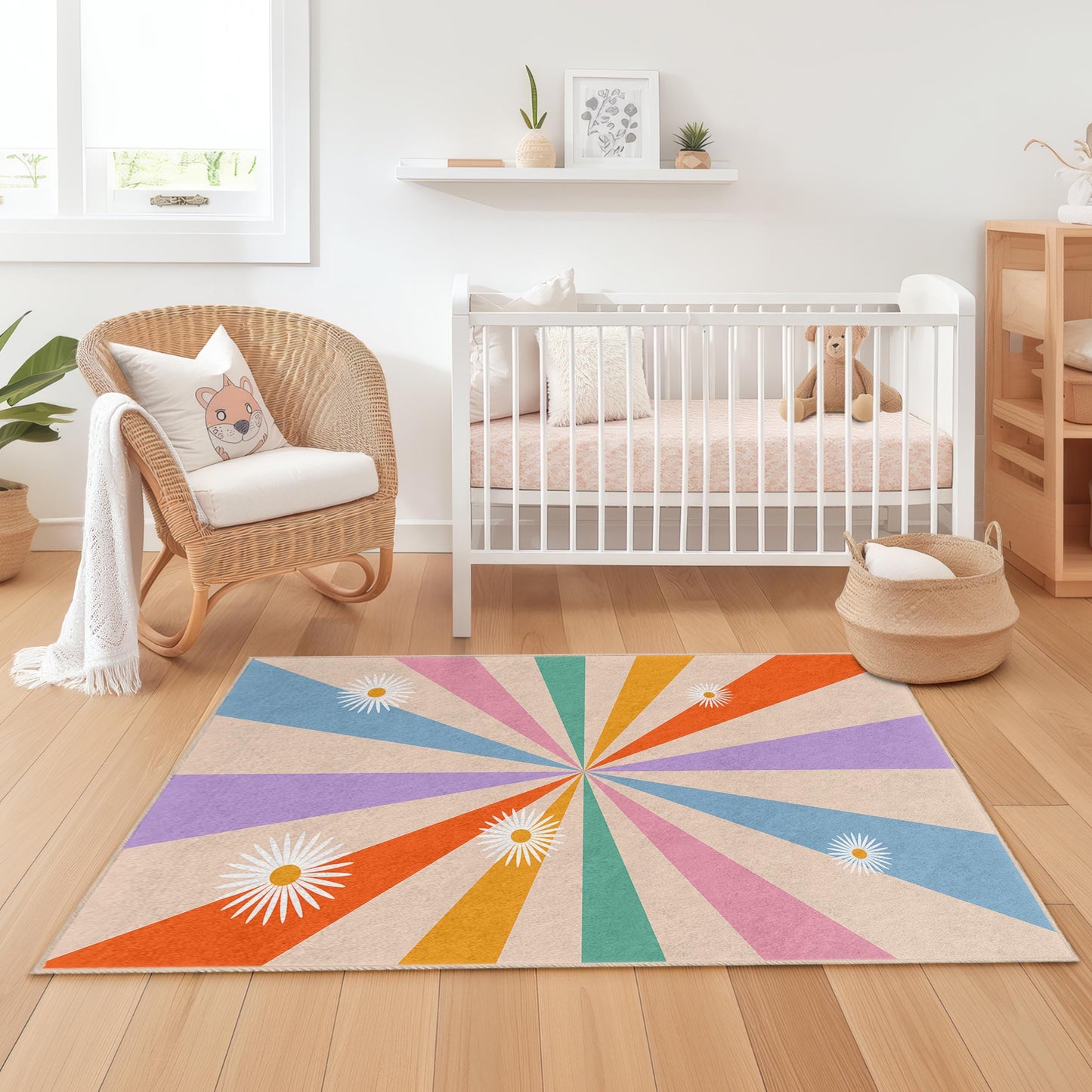 Colorful Sunburst Pattern Kids Area Rug, Rectangular Playroom Carpet, Flower Design Nursery Rug, Modern Kids Room Decor