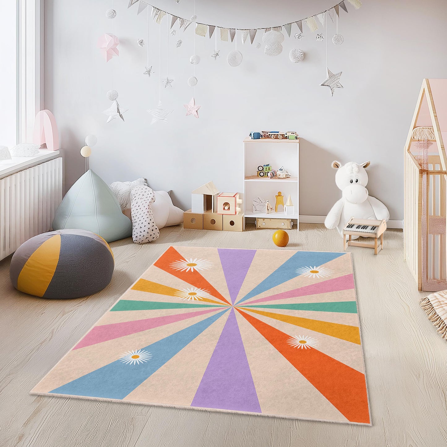 Colorful Sunburst Pattern Kids Area Rug, Rectangular Playroom Carpet, Flower Design Nursery Rug, Modern Kids Room Decor