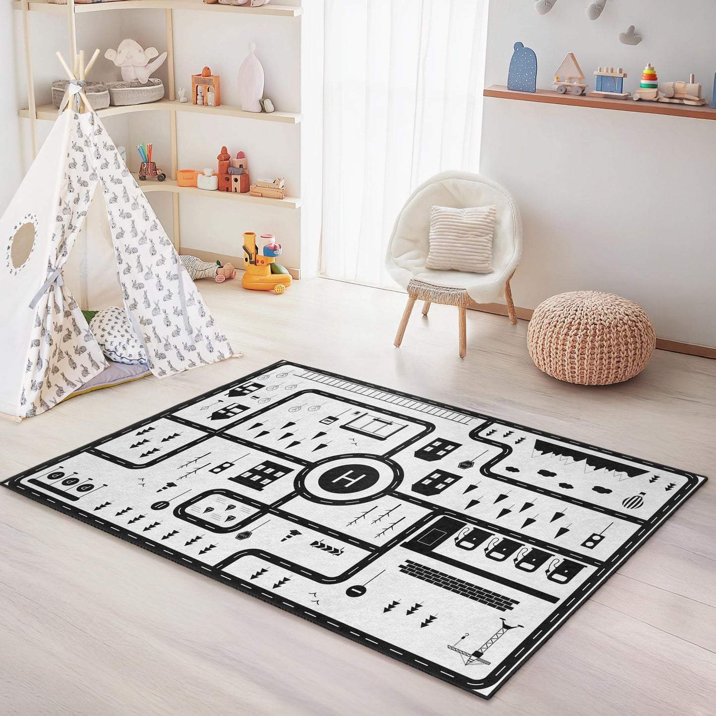 City Map Play Rug for Kids, Interactive Black and White Kids Carpet, Rectangle Play Mat, Nursery Decor, Educational Rug for Children