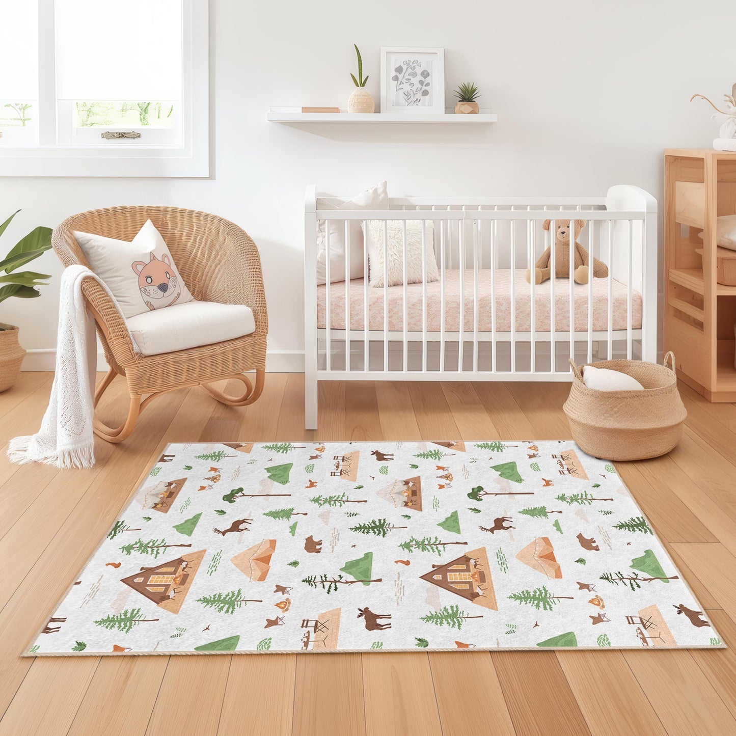 Forest Adventure Kids Rug, Rectangular Play Mat, Nature Themed Nursery Carpet, Campfire Kids Room Decor, Woodland Animal Rug