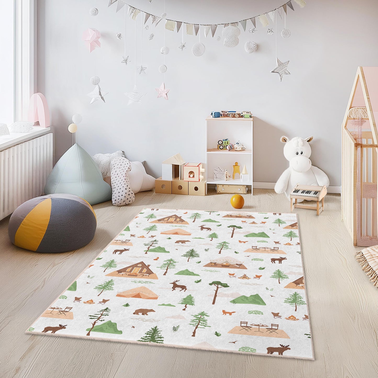 Forest Adventure Kids Rug, Rectangular Play Mat, Nature Themed Nursery Carpet, Campfire Kids Room Decor, Woodland Animal Rug