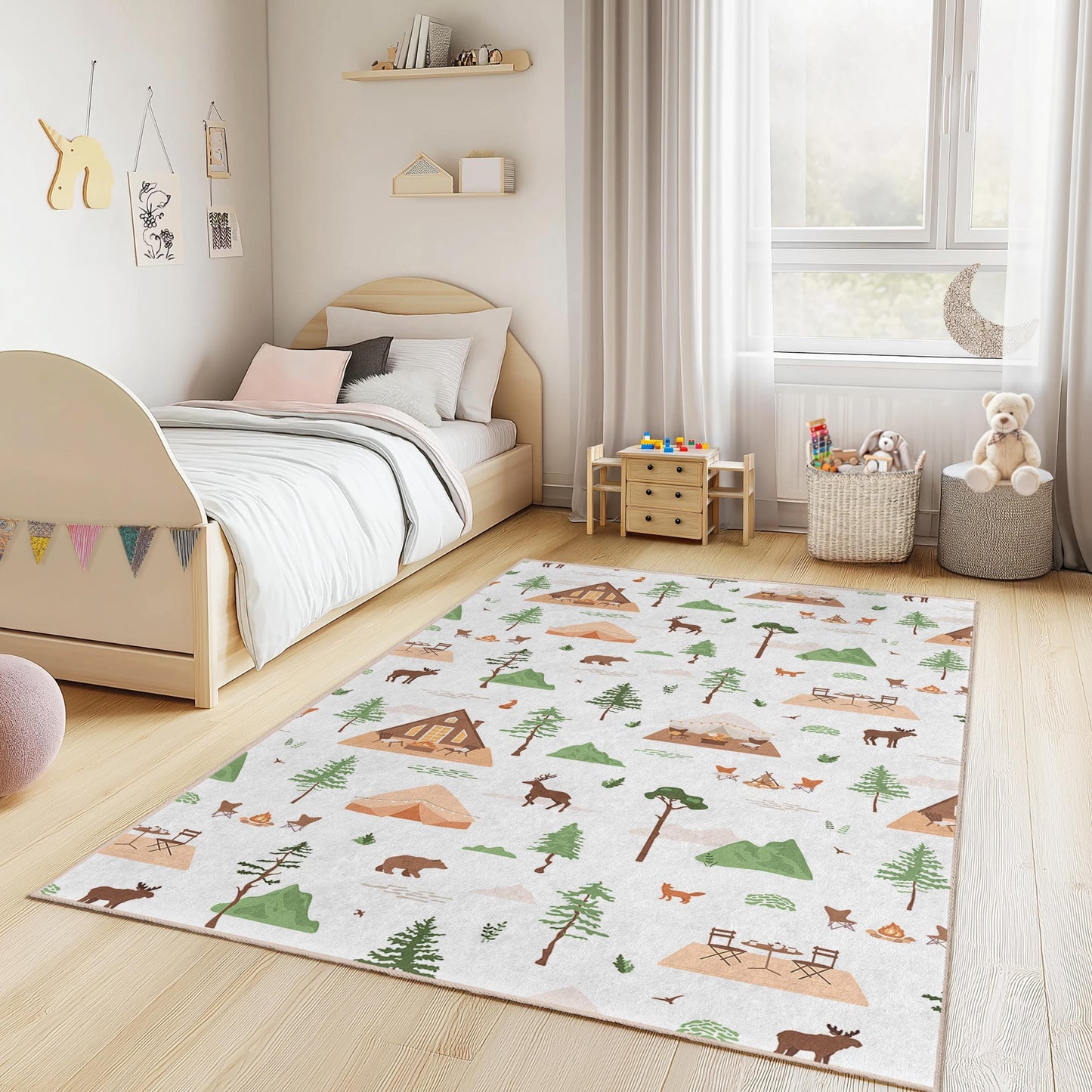Forest Adventure Kids Rug, Rectangular Play Mat, Nature Themed Nursery Carpet, Campfire Kids Room Decor, Woodland Animal Rug