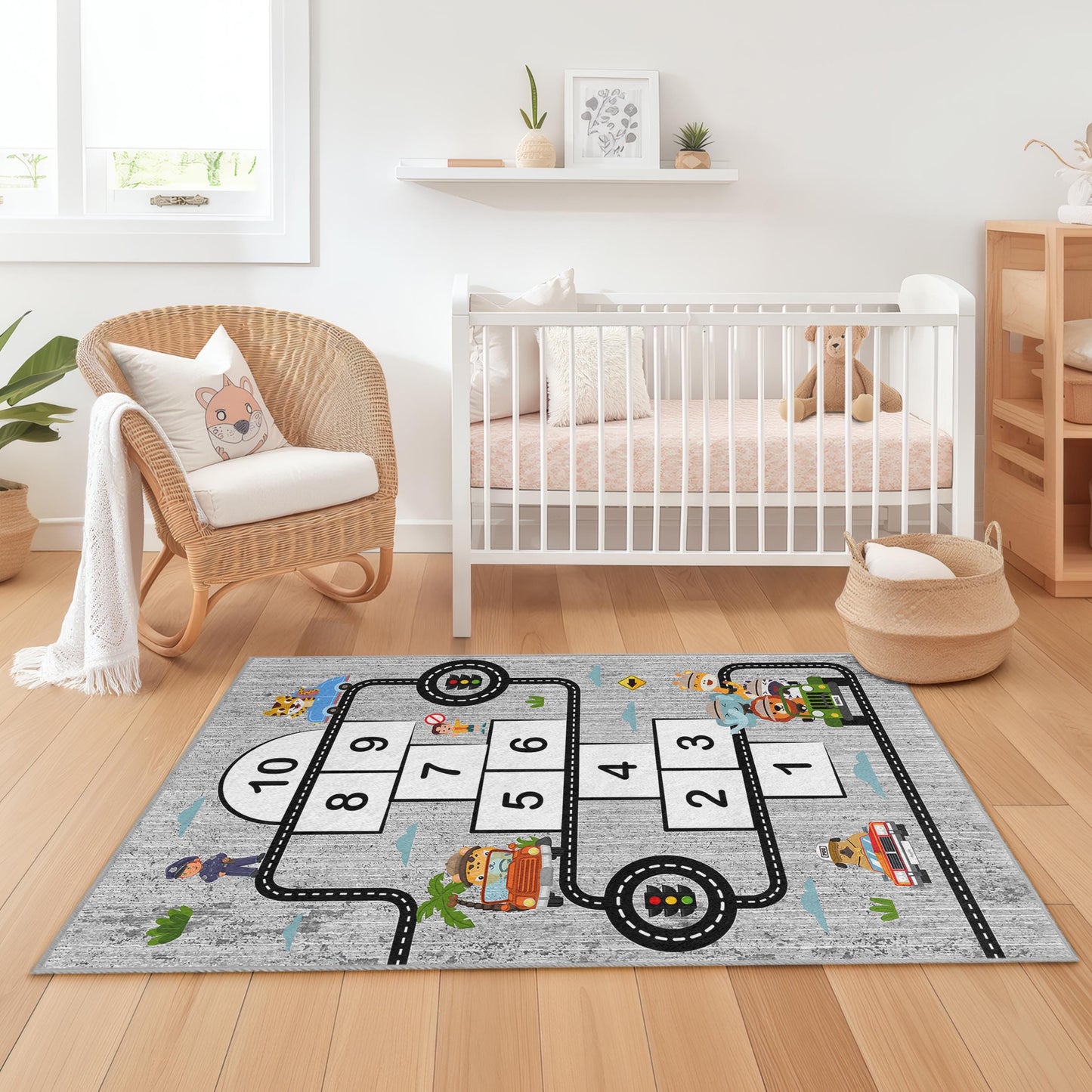 Road Map Kids Rug: Hopscotch Play Mat, Educational Playroom Decor