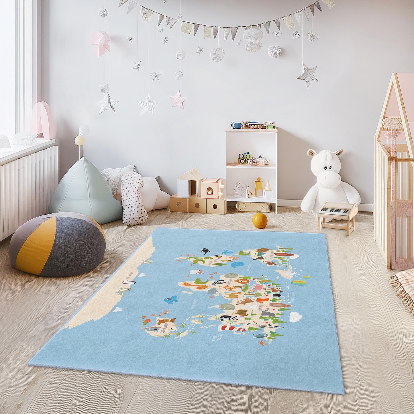 World Map Kids Play Rug, Interactive Animal Learning Carpet, Rectangular Playroom Decor, Educational Kids Area Rug