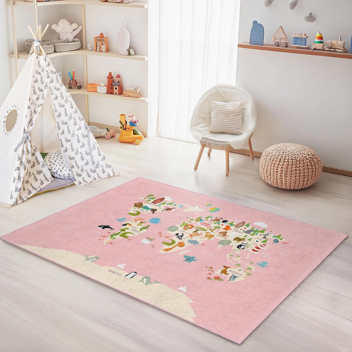 Pink Animal Map Kids Area Rug, Rectangular Play Mat for Children, Cute Animal Design Rug, Nursery Decor, Soft Kids Carpet