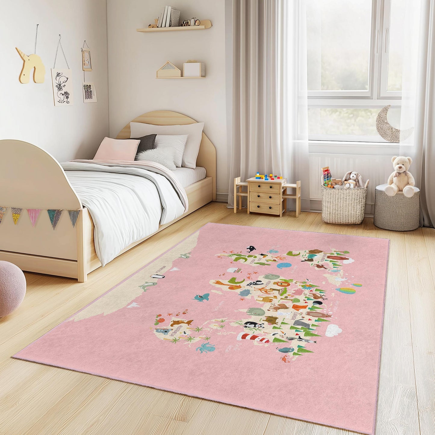 Pink Animal Map Kids Area Rug, Rectangular Play Mat for Children, Cute Animal Design Rug, Nursery Decor, Soft Kids Carpet