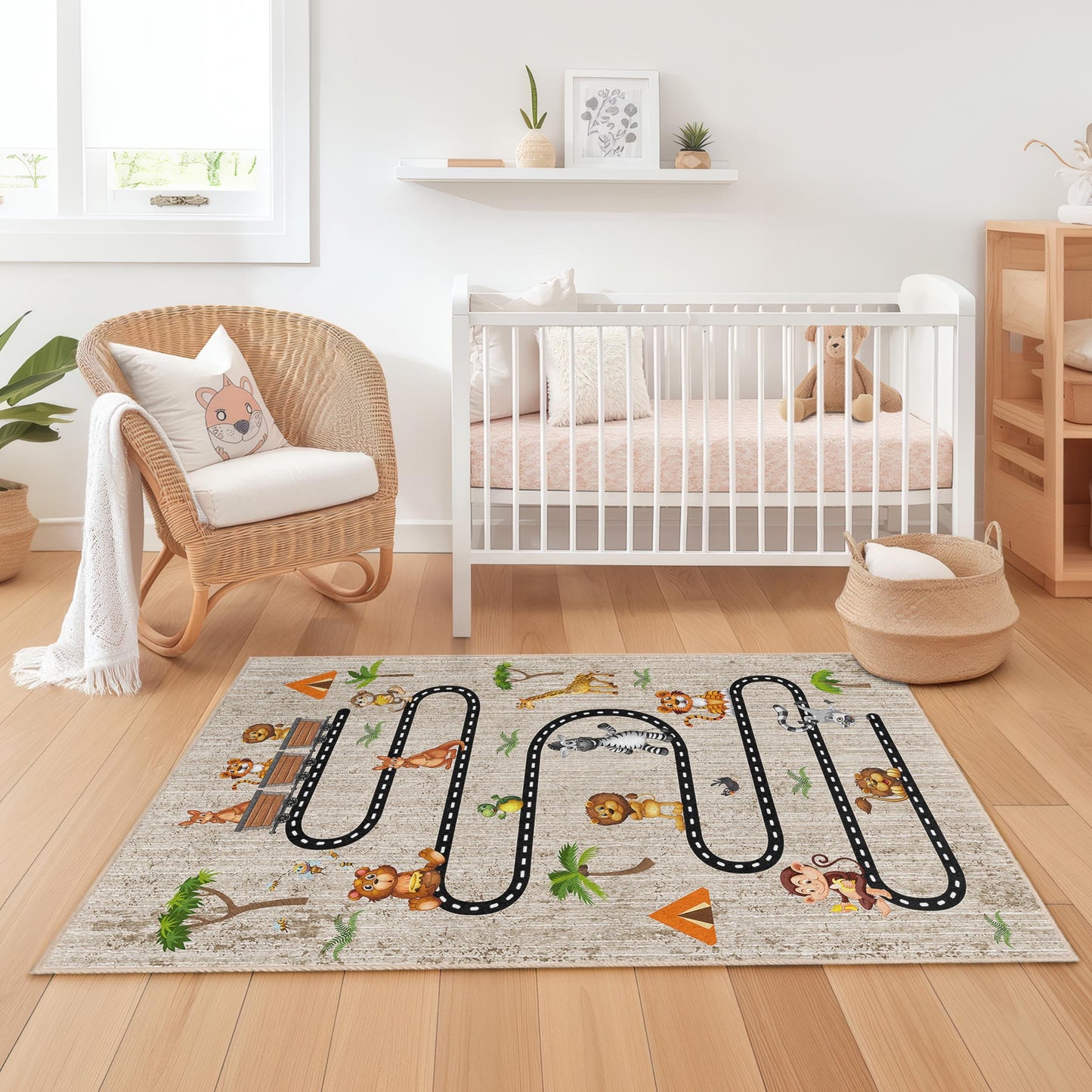 Safari Adventure Kids Play Rug, Jungle Theme Kids Carpet, Animal Road Map Rug, Soft Rectangle Rug for Children's Room