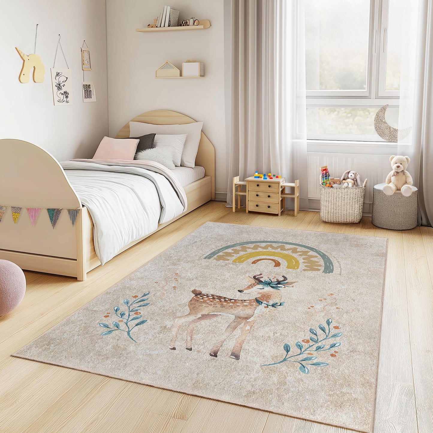 Adorable Deer and Rainbow Kids Rug, Rectangular Playroom Carpet, Nursery Decor, Soft Play Mat for Children's Room