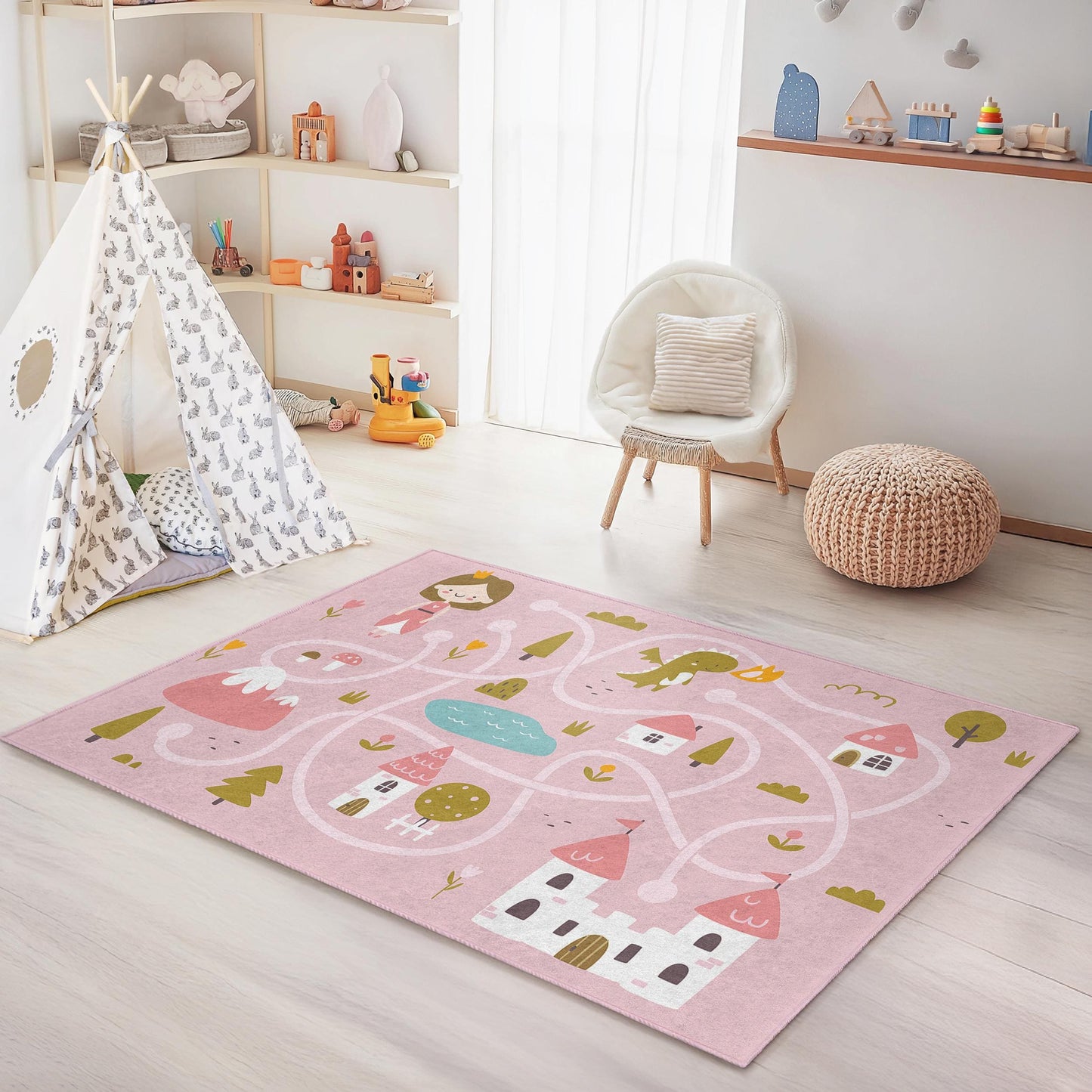 Princess Castle Adventure Kids Rug, Pink Play Mat for Girls, Rectangular Fairy Tale Rug, Kids Room Decor, Playroom Carpet