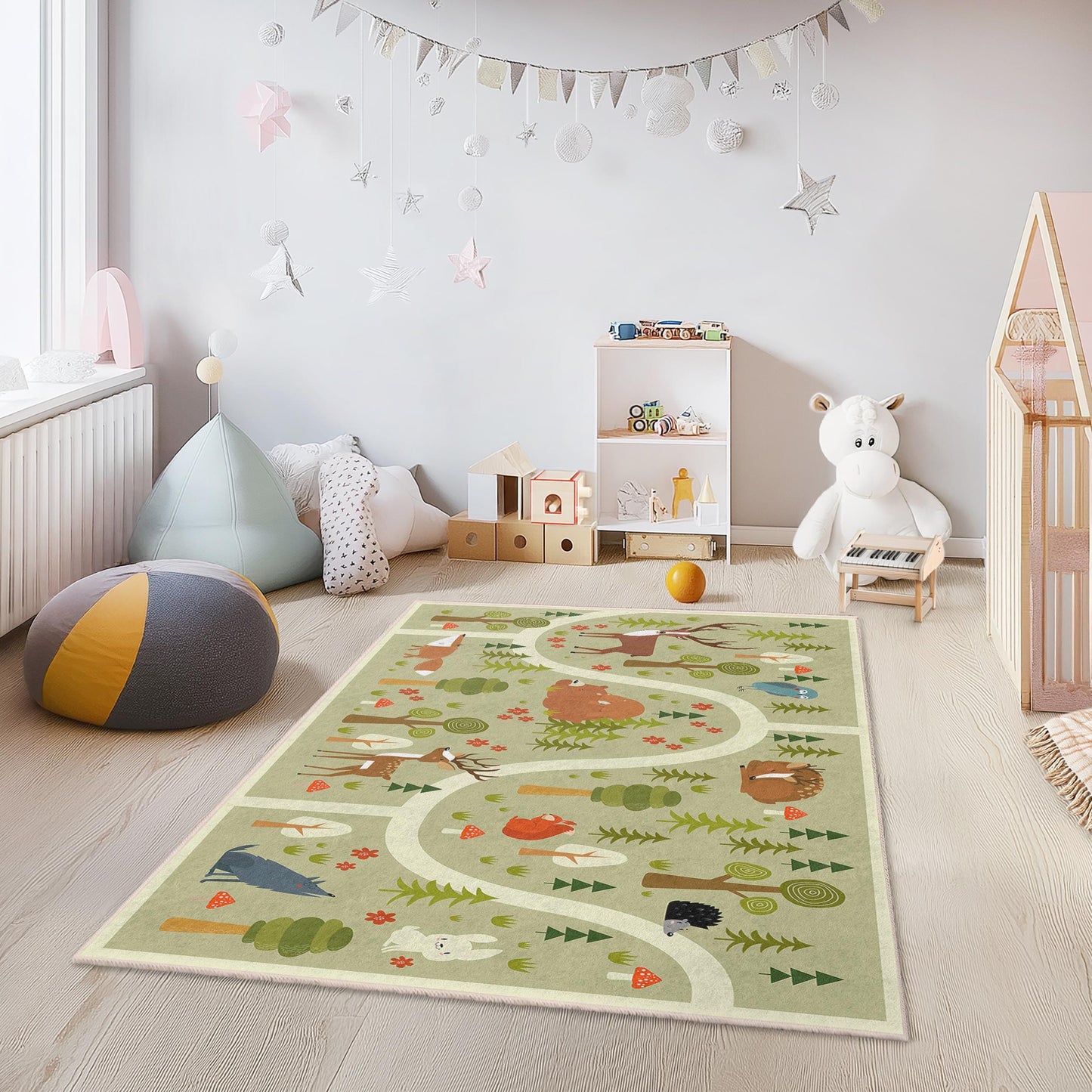 Whimsical Forest Animals Kids Play Rug, Adorable Rectangular Rug for Children's Room, Nature-Themed Kids Carpet, Playroom Decor