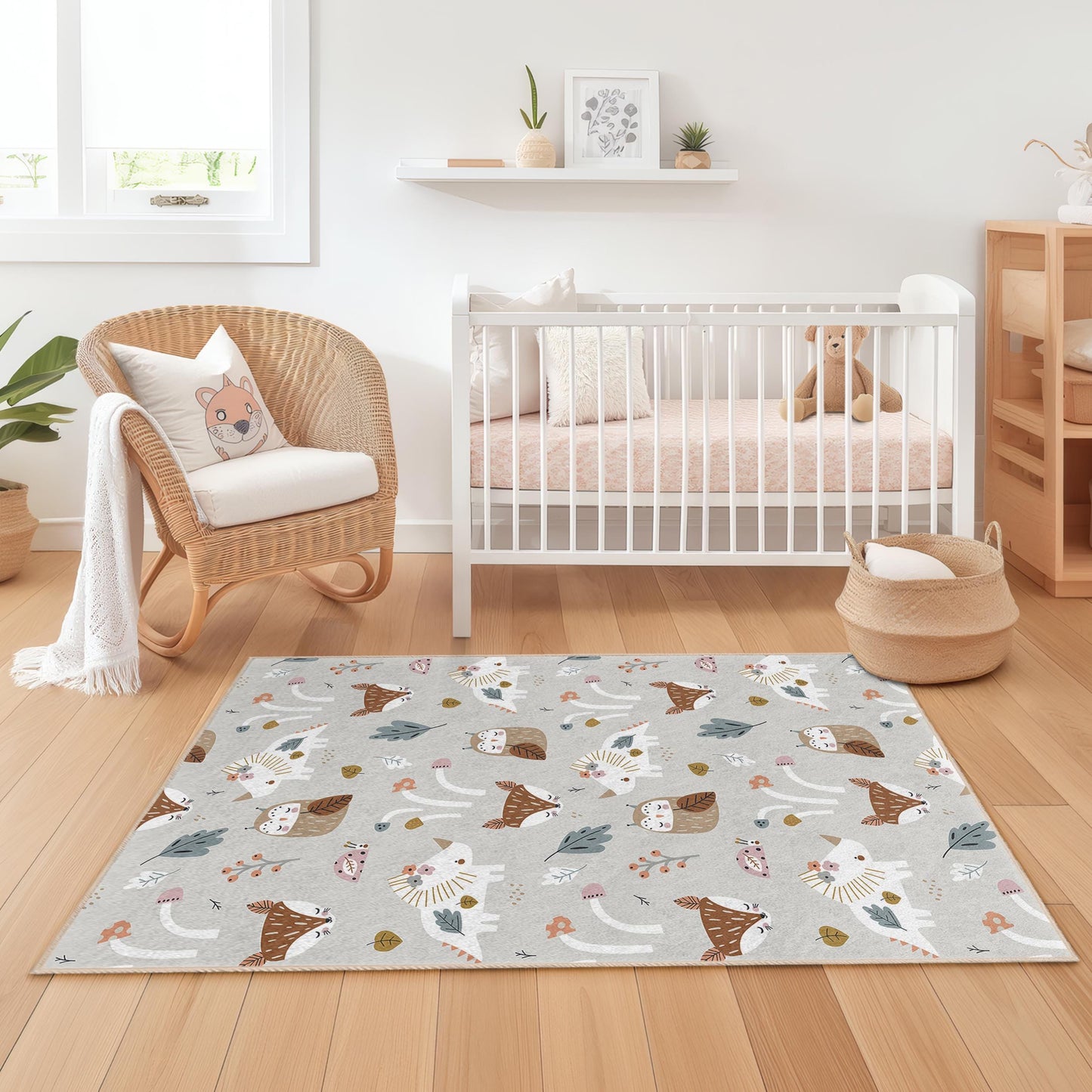 Whimsical Forest Animals Kids Rug, Rectangular Playroom Carpet, Cute Nursery Decor, Childrens Area Rug, Soft Play Mat for Kids
