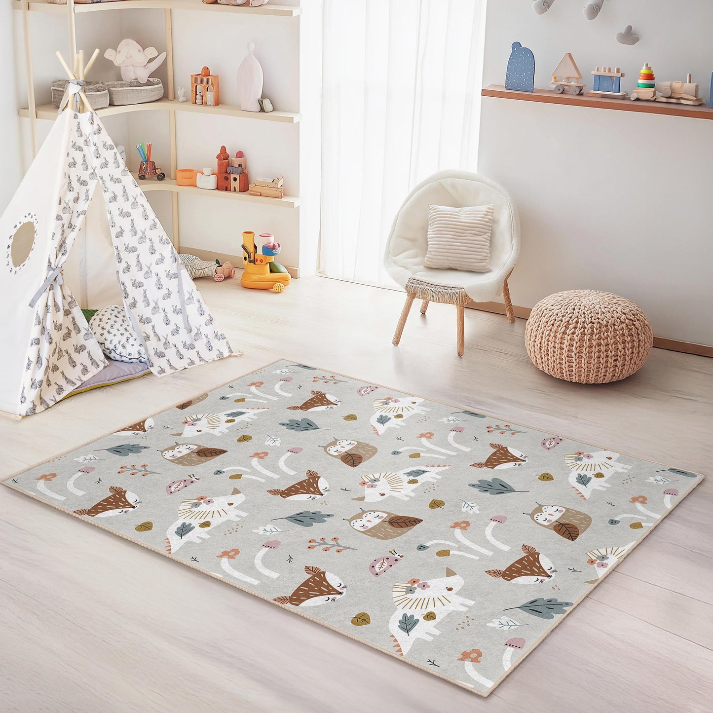 Whimsical Forest Animals Kids Rug, Rectangular Playroom Carpet, Cute Nursery Decor, Childrens Area Rug, Soft Play Mat for Kids