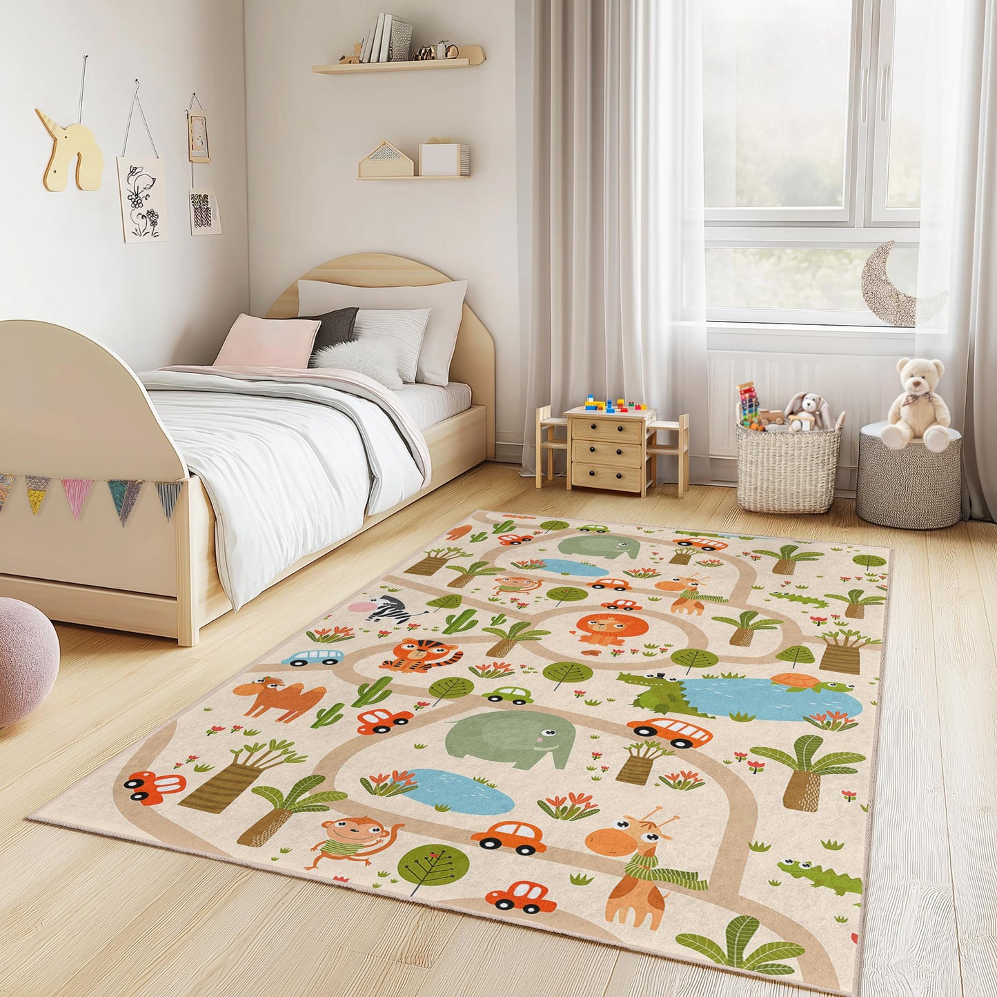 Animal Adventure Kids Play Rug, Rectangular Kids Rug, Playroom Carpet, Safari Themed Rug, Childrens Room Decor, Cozy Play Mat