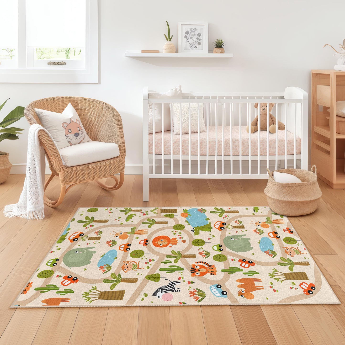 Animal Adventure Kids Play Rug, Rectangular Kids Rug, Playroom Carpet, Safari Themed Rug, Childrens Room Decor, Cozy Play Mat