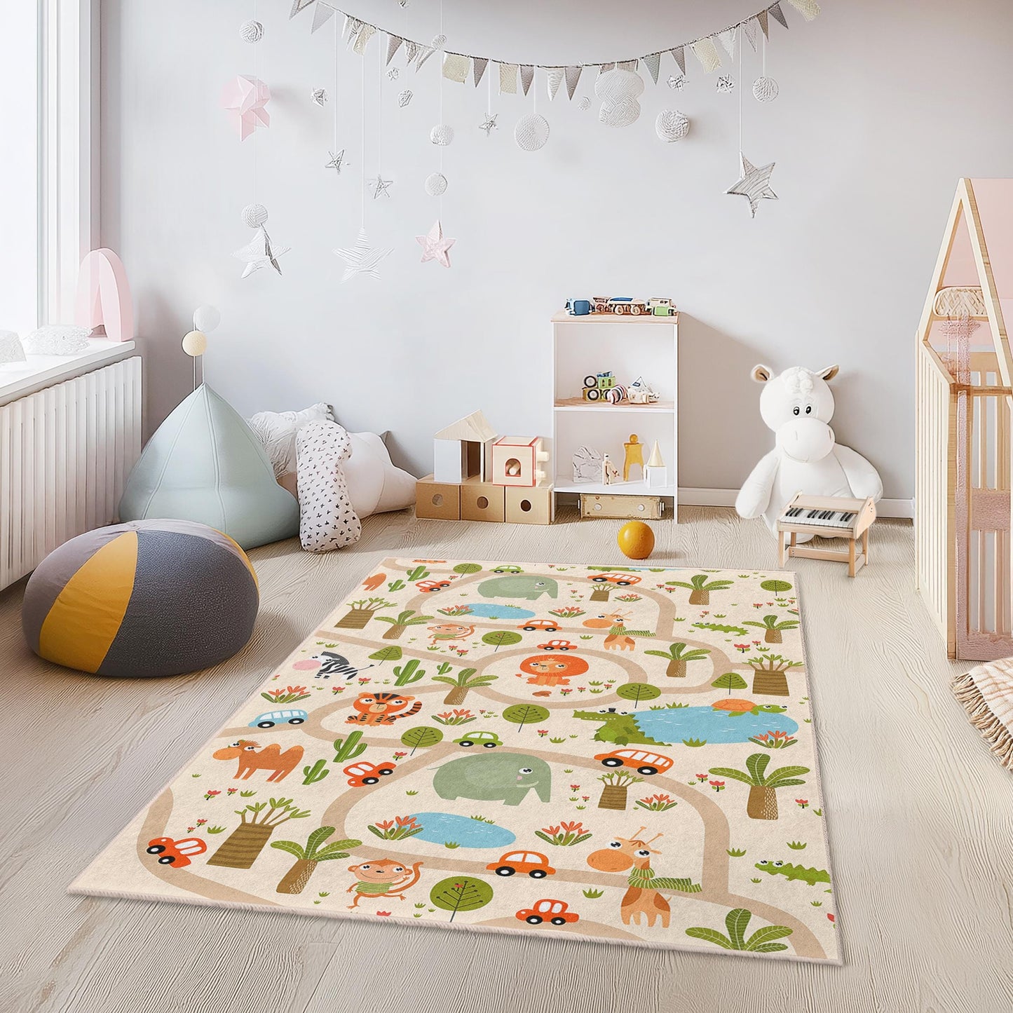 Animal Adventure Kids Play Rug, Rectangular Kids Rug, Playroom Carpet, Safari Themed Rug, Childrens Room Decor, Cozy Play Mat