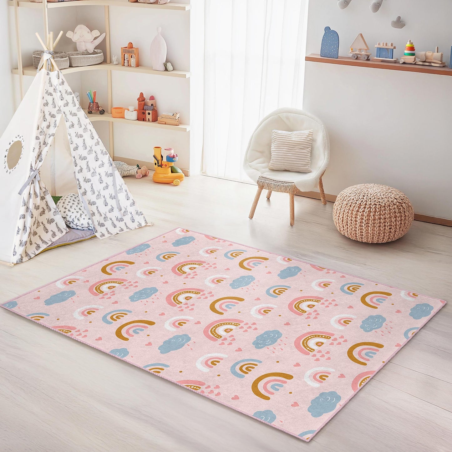 Rainbow Dreams Kids Area Rug, Colorful Rectangular Play Rug, Soft Nursery Carpet, Childrens Room Decor, Playroom Essentials