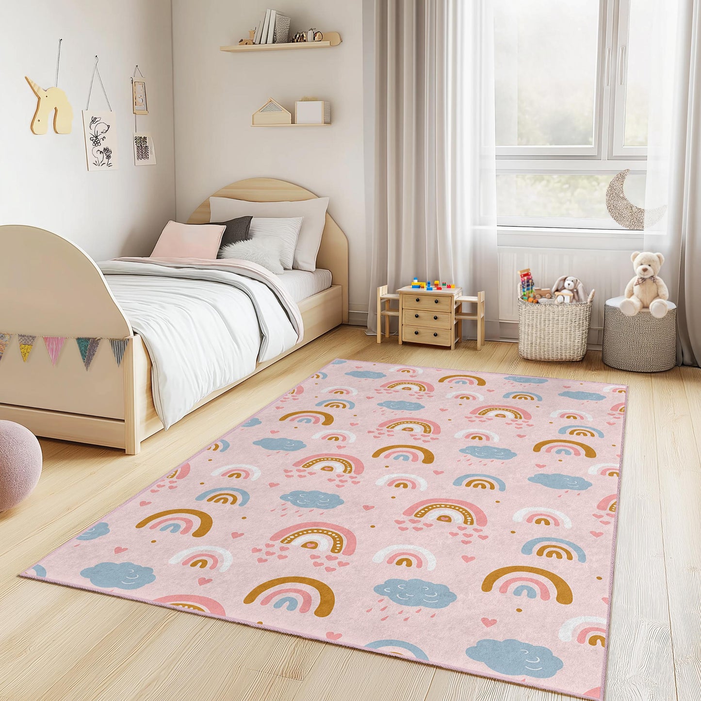 Rainbow Dreams Kids Area Rug, Colorful Rectangular Play Rug, Soft Nursery Carpet, Childrens Room Decor, Playroom Essentials