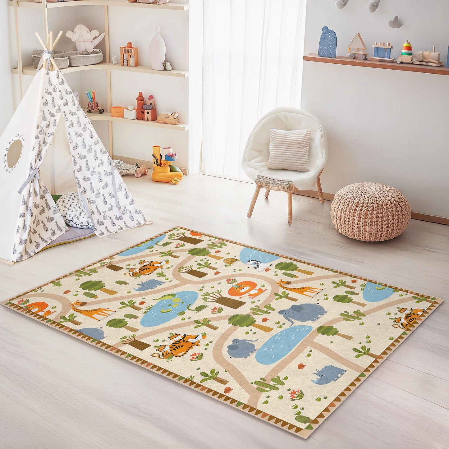 Safari Adventure Kids Play Rug, Animal Themed Kids Rug, Rectangular Play Mat, Jungle Decor for Kids Room, Soft Nursery Rug