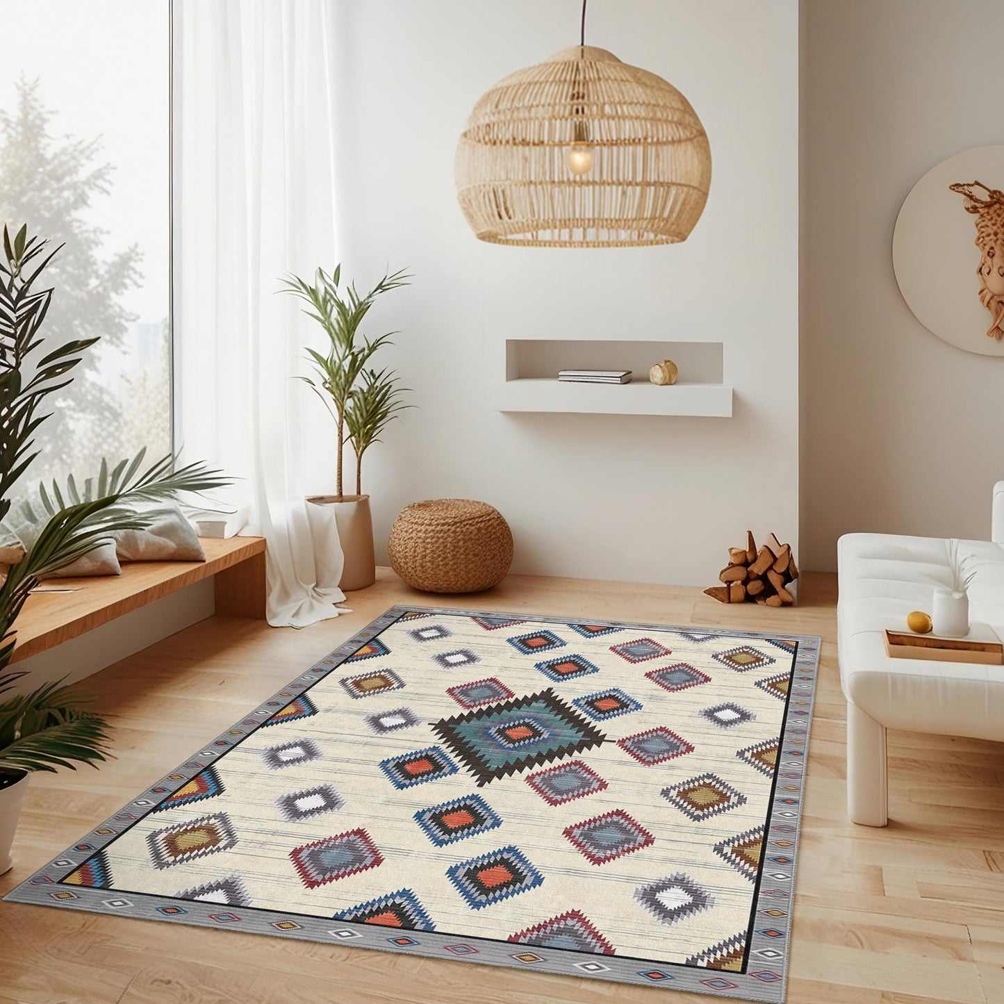 Geometric Diamond Pattern Rectangular Area Rug | Colorful Bohemian Carpet for Living Room | Soft Washable Floor Mat