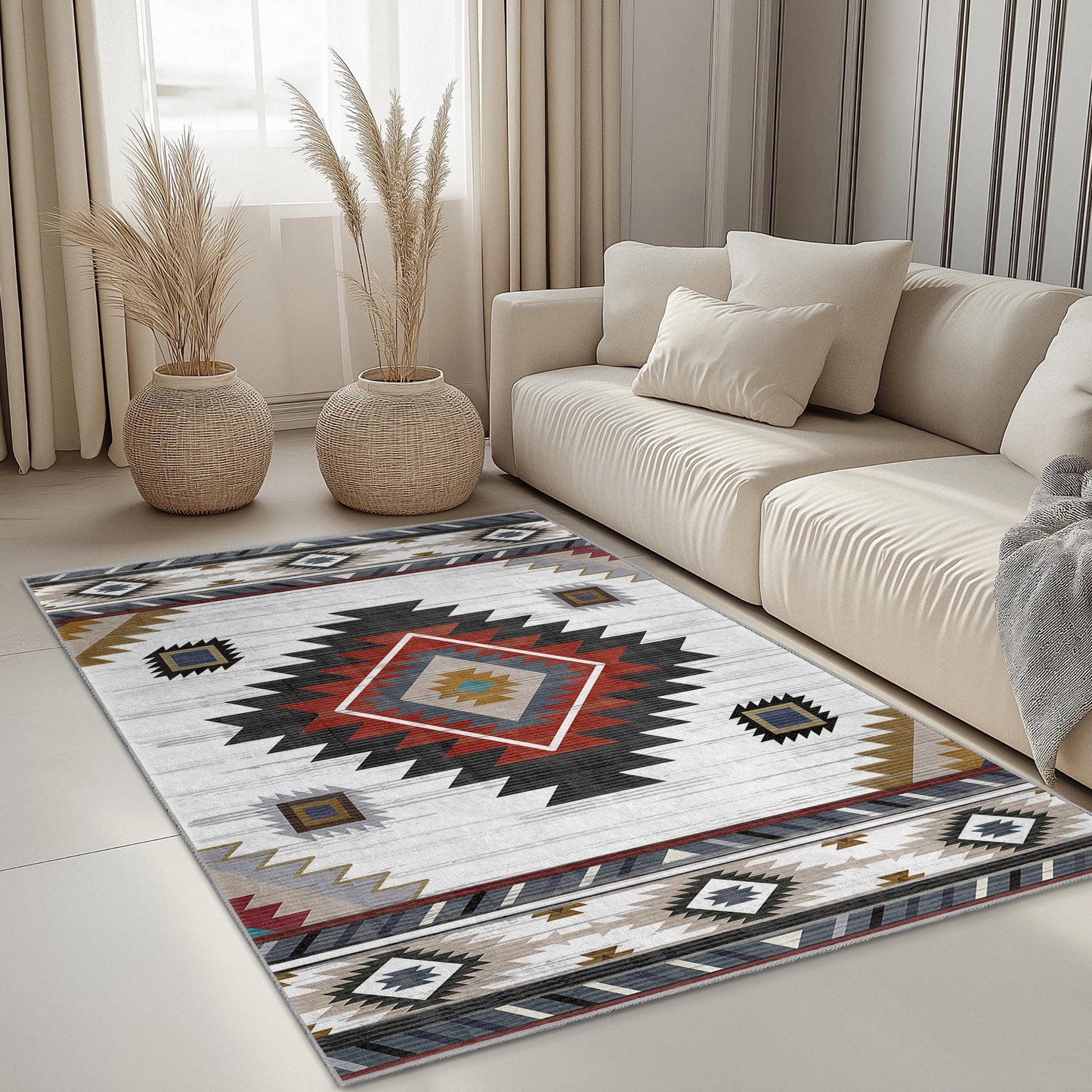 Stylish Geometric Pattern Rectangular Area Rug | Modern Bohemian Home Decor | Soft Cotton Carpet for Living Room