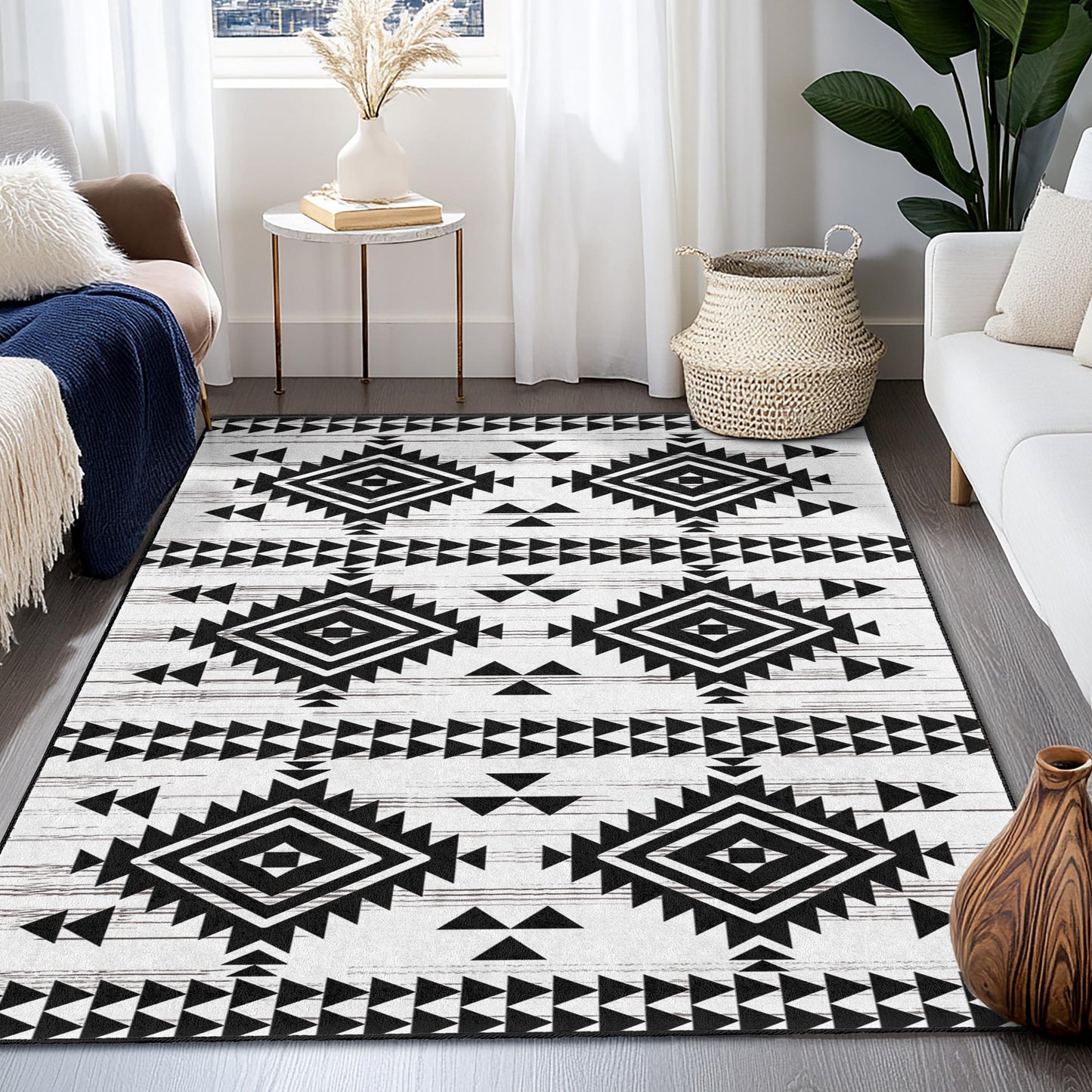 Durable Geometric Area Rug | Geometric Patterned Washable Rectangle Rug | Modern Black and White Carpet | Stylish Home Decor