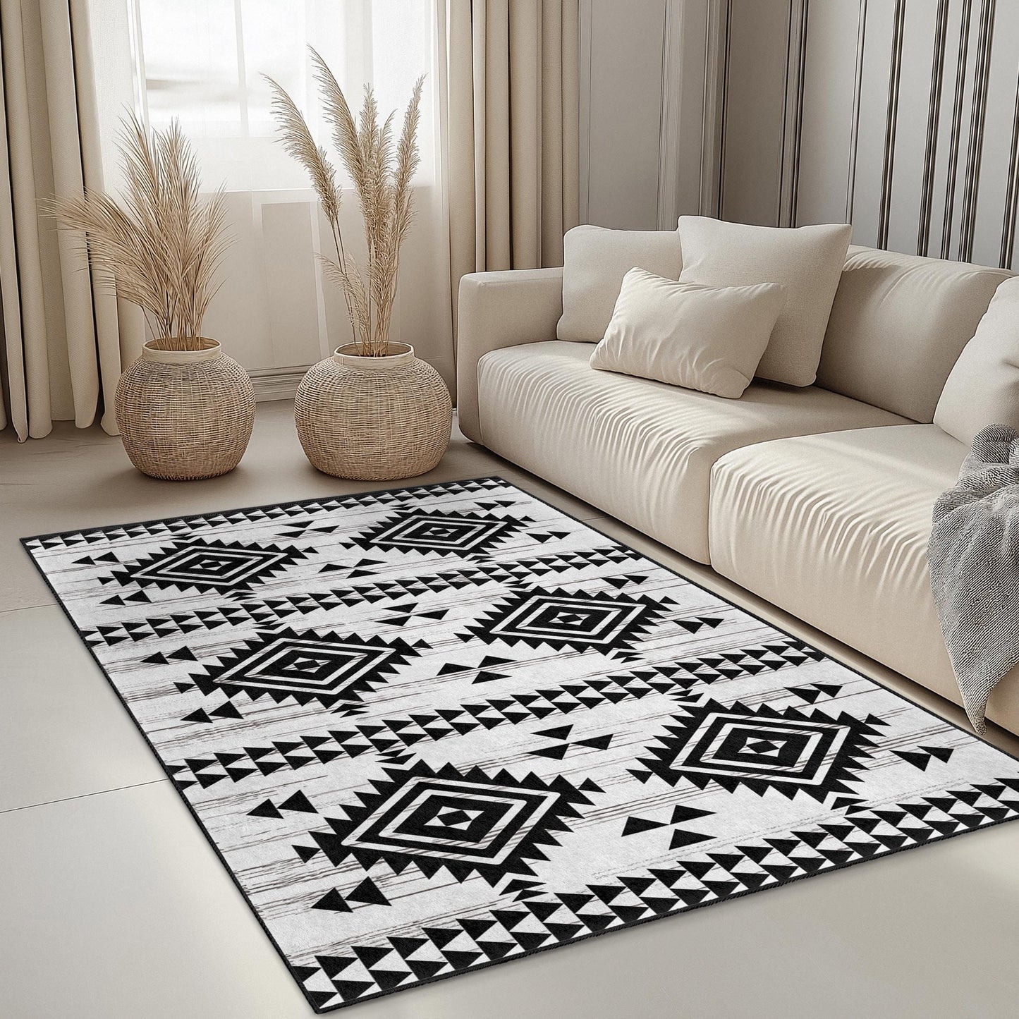 Durable Geometric Area Rug | Geometric Patterned Washable Rectangle Rug | Modern Black and White Carpet | Stylish Home Decor