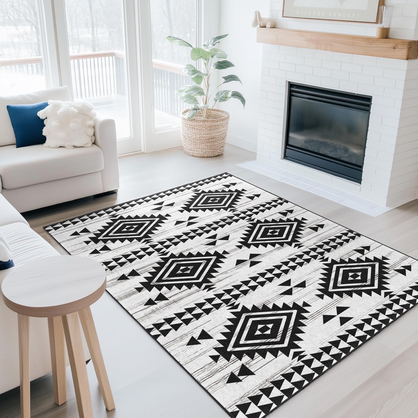 Durable Geometric Area Rug | Geometric Patterned Washable Rectangle Rug | Modern Black and White Carpet | Stylish Home Decor