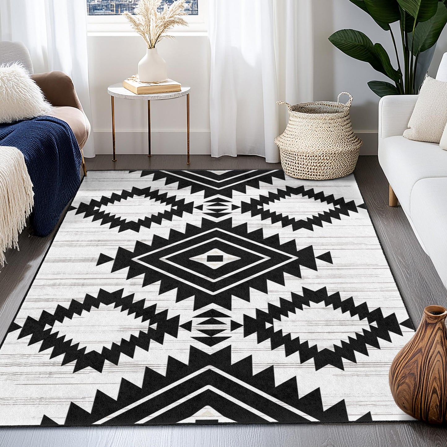 Geometric Black and White Rectangular Area Rug | Modern Tribal Pattern Carpet | Stylish Home Decor | Soft Cotton Floor Mat