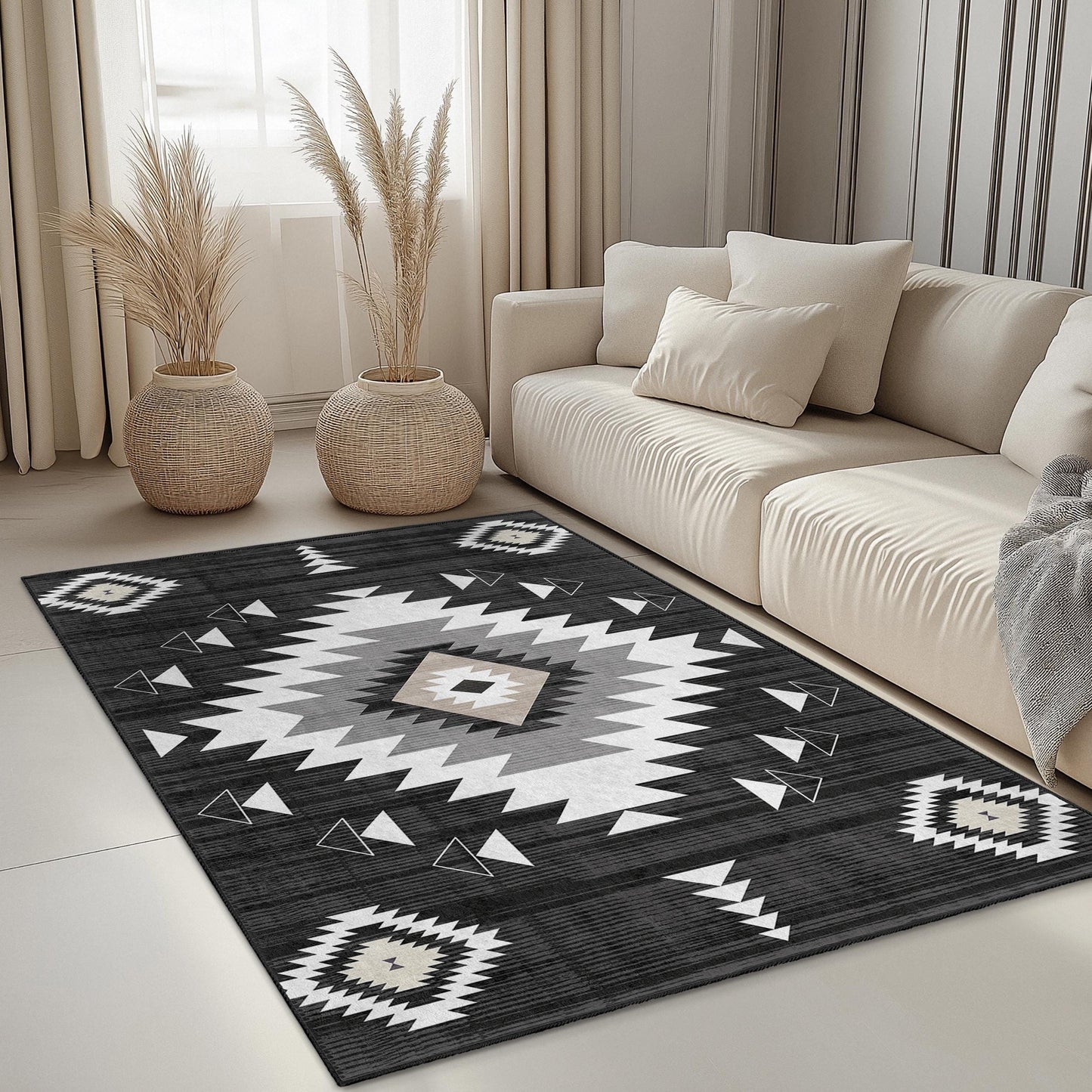 Geometric Patterned Washable Rectangular Area Rug | Modern Black and White Carpet | Stylish Living Room Mat | Boho Chic Home Decor