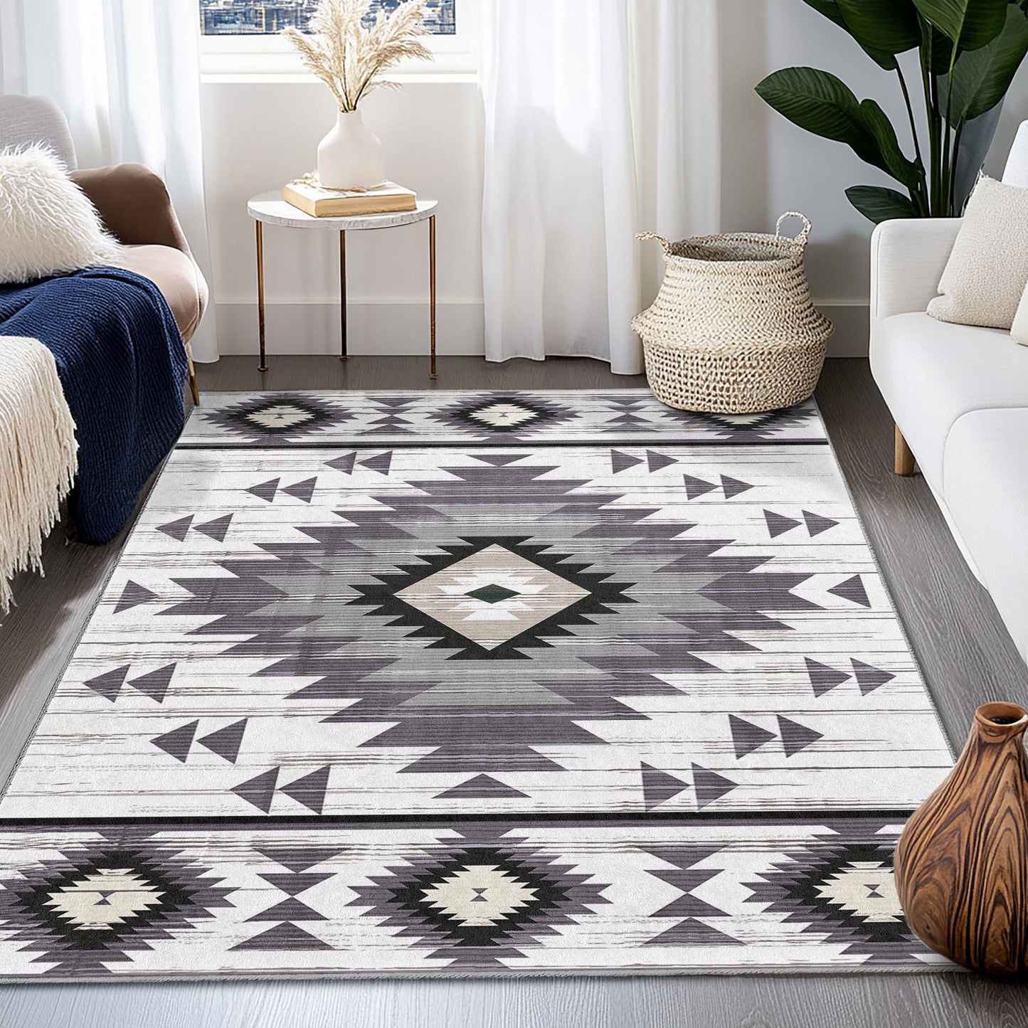 Geometric Tribal Pattern Rectangular Area Rug | Modern Bohemian Home Decor | Soft Cotton Carpet for Living Room