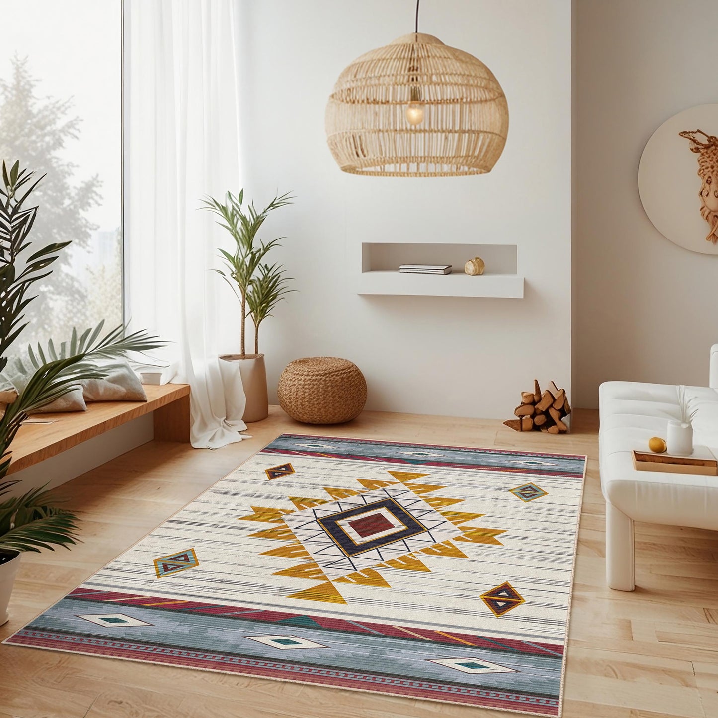 Geometric Patterned Rectangle Rug | Tribal Design Carpet for Living Room | Soft Cotton Area Mat | Stylish Home Decor